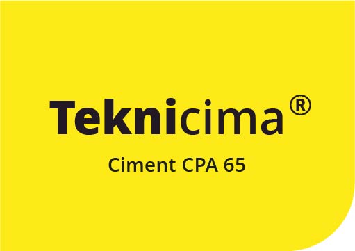 Logo de Teknikima, texte noir sur fond jaune vif, avec la mention « Ciment CPA 65 » en-dessous du nom de la marque.